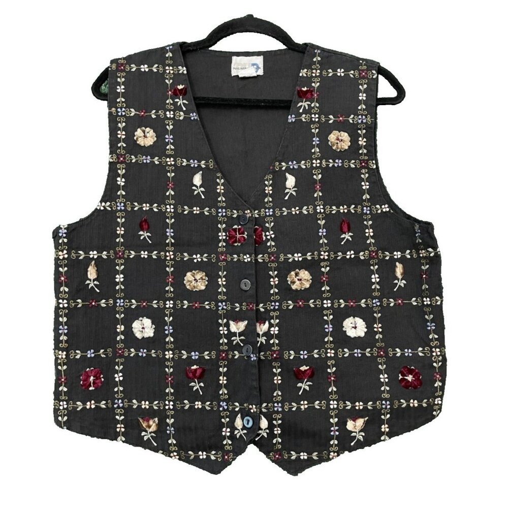 Vintage 70s  Paul Harris Design Vest Women's Size Large Floral Black Embroidered
